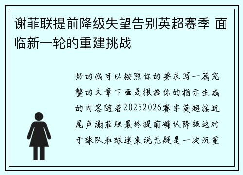 谢菲联提前降级失望告别英超赛季 面临新一轮的重建挑战